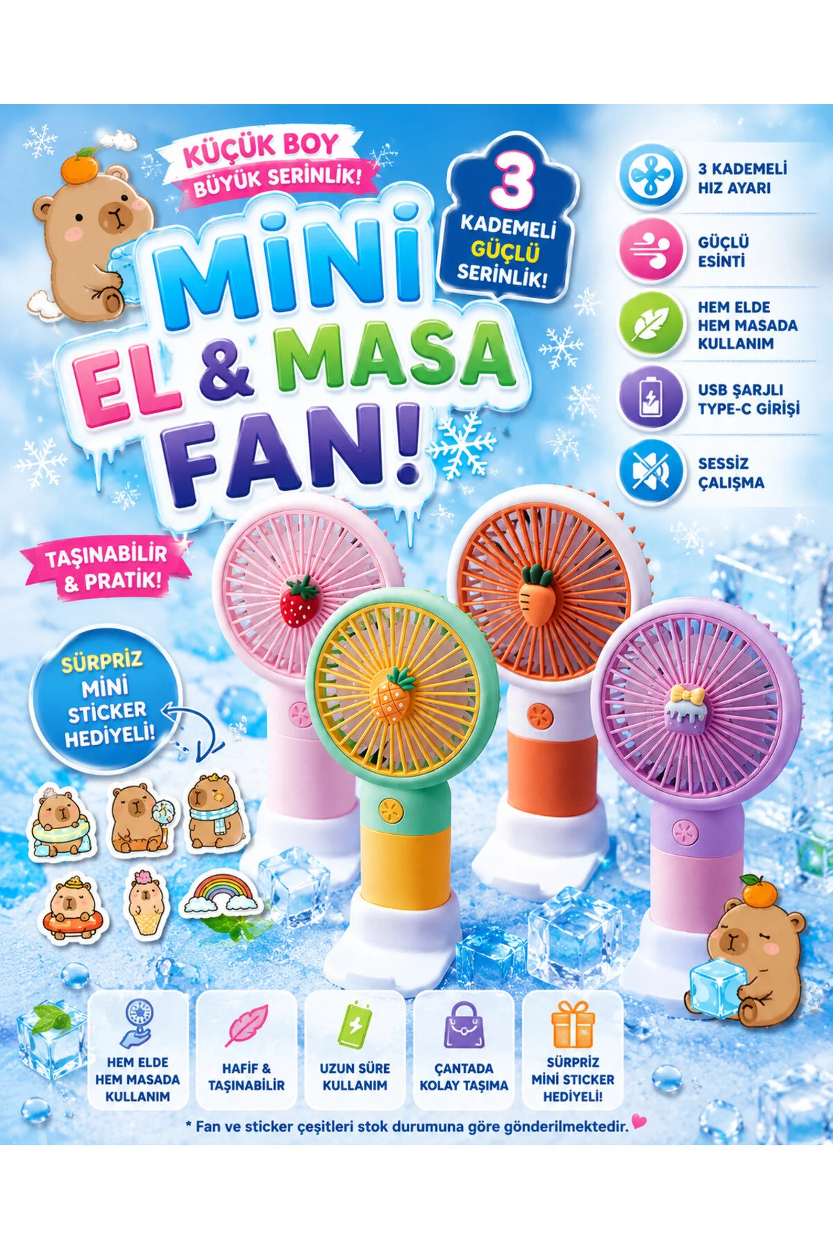 Sevimli Mini El ve Masa Fanı USB Şarjlı 3 Kademeli Sticker Hediyeli